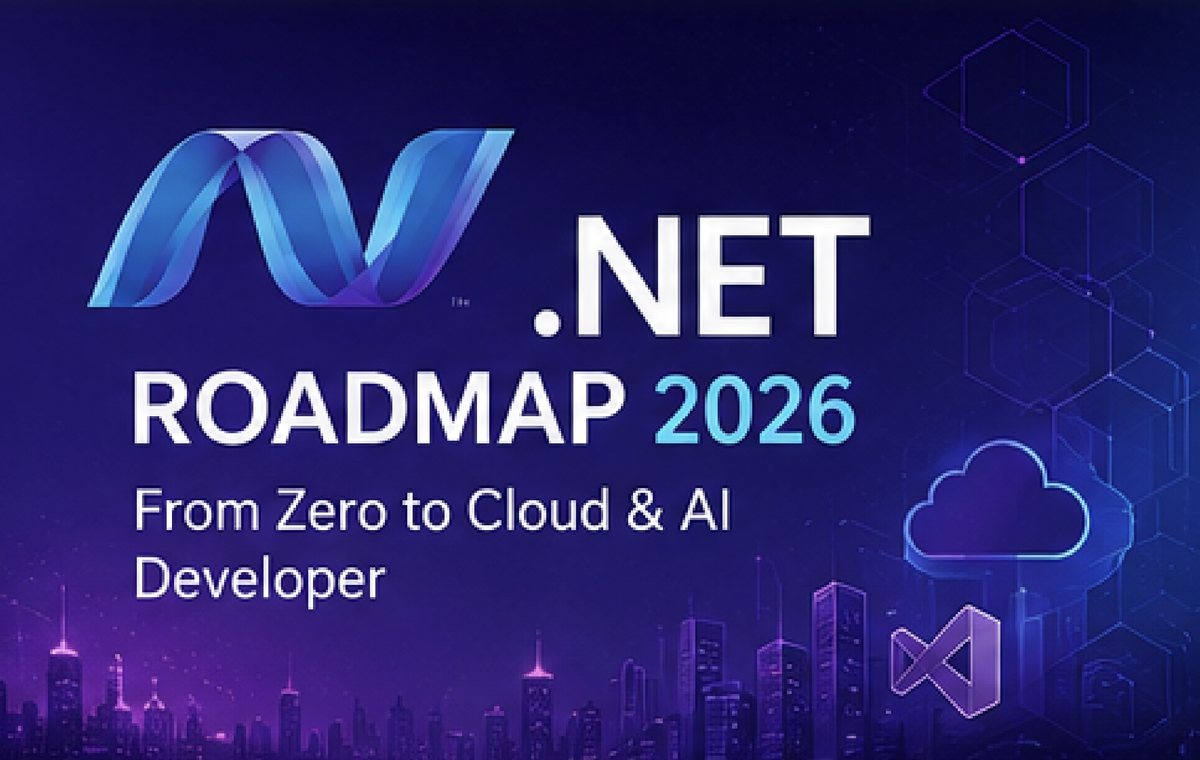 .NET Roadmap 2026 — from zero to cloud and AI developer. Banner showing the .NET logo with a cloud icon, Visual Studio logo and a stylised city skyline.