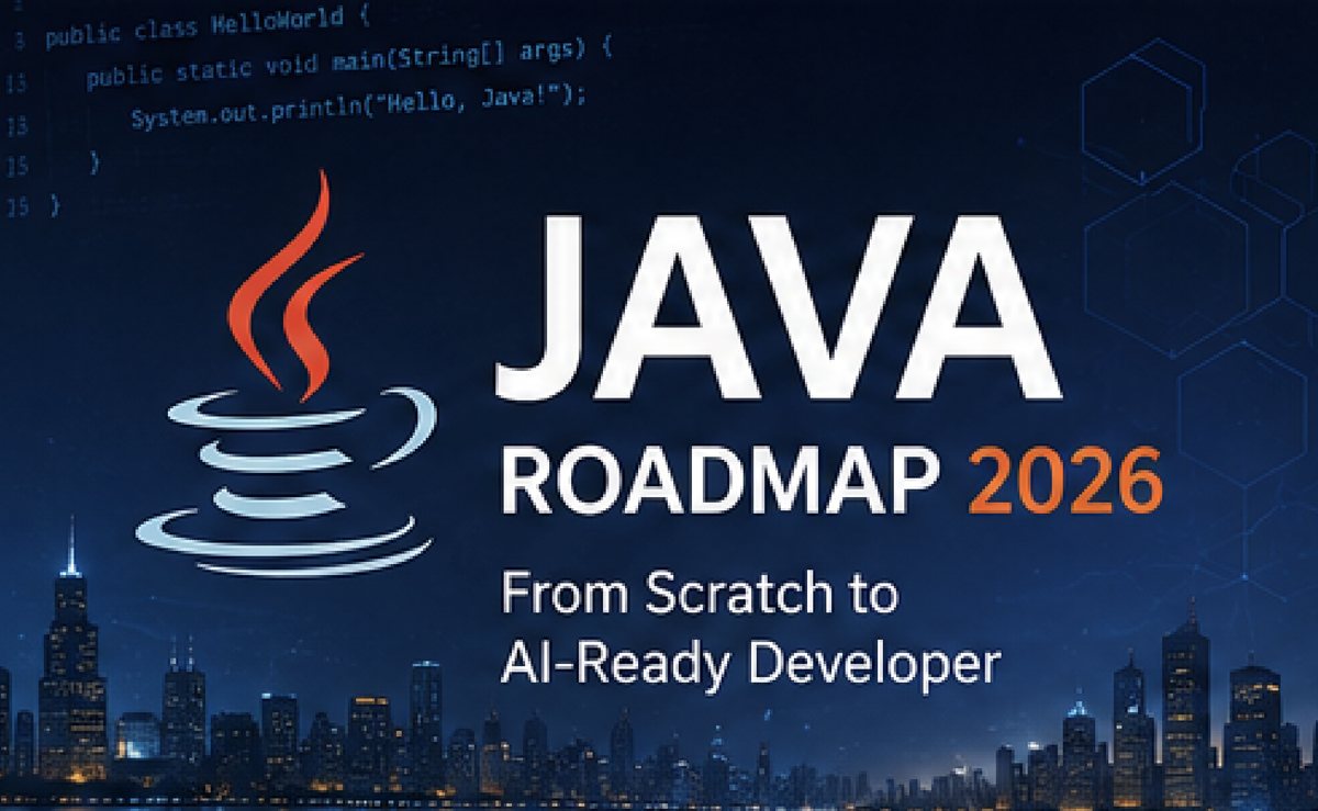Java Roadmap 2026 — from scratch to AI-ready developer. Banner showing the Java logo over a Hello World code sample and a night city skyline.