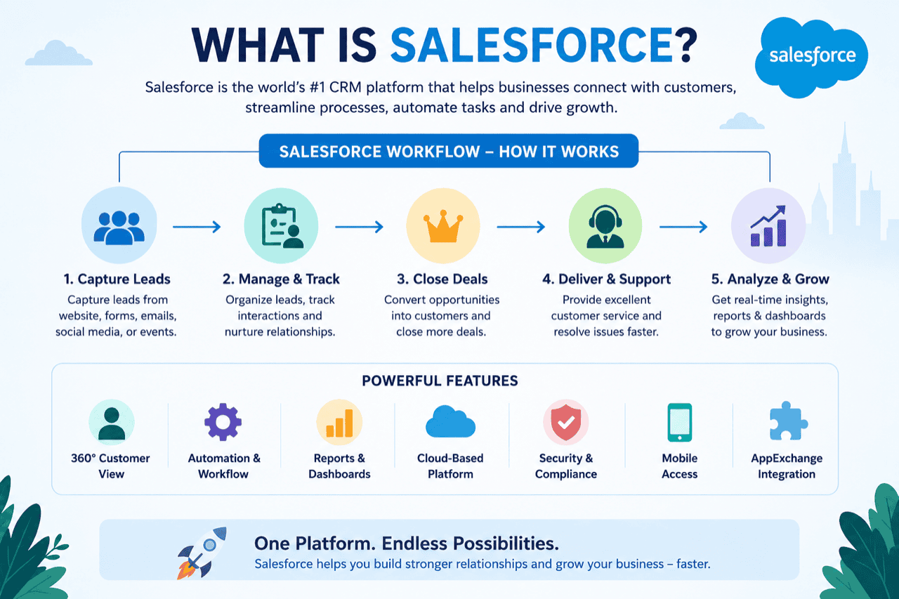 Infographic explaining what Salesforce is: the five-stage CRM workflow — capture leads, manage and track, close deals, deliver and support, analyse and grow — plus core platform features including 360° customer view, automation, reports and dashboards, cloud platform, security, mobile access and AppExchange integration.