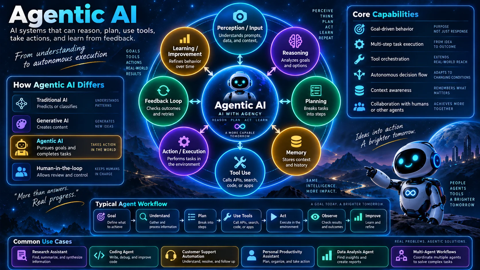 Agentic AI overview diagram used in Archer Infotech's Pune training: how Agentic AI differs from traditional AI, generative AI and human-in-the-loop systems; the agent loop of perception, reasoning, planning, tool use, memory, action and feedback; core capabilities including goal-driven behaviour, multi-step task execution, tool orchestration, autonomous decision flow and context awareness; the typical agent workflow from goal through understand, plan, use tools, act, observe and improve; and common use cases such as research, coding, support, productivity, data analysis and multi-agent workflows.