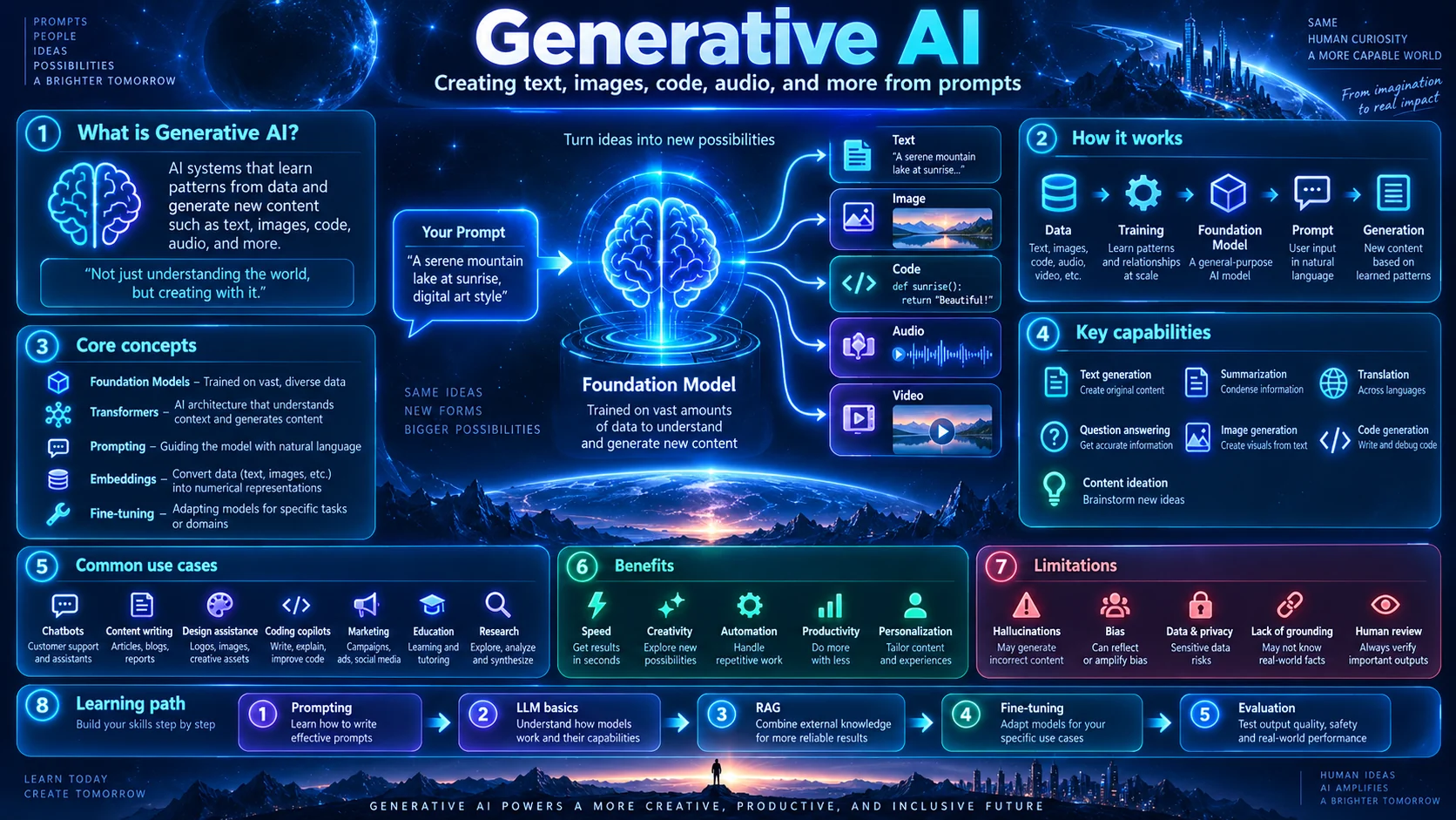 Generative AI overview diagram used in Archer Infotech's Pune training: what Generative AI is, how a foundation model turns a prompt into text, image, code, audio or video output, the core concepts of foundation models, transformers, prompting, embeddings and fine-tuning, key capabilities, common use cases, benefits, limitations including hallucination and bias, and a five-step learning path from prompting through LLM basics, RAG and fine-tuning to evaluation.